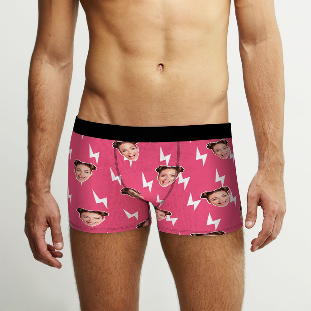 Custom Face Boxer Shorts Black and Pink Lightning Pattern Underwear Gifts For Him - MyFaceBoxer
