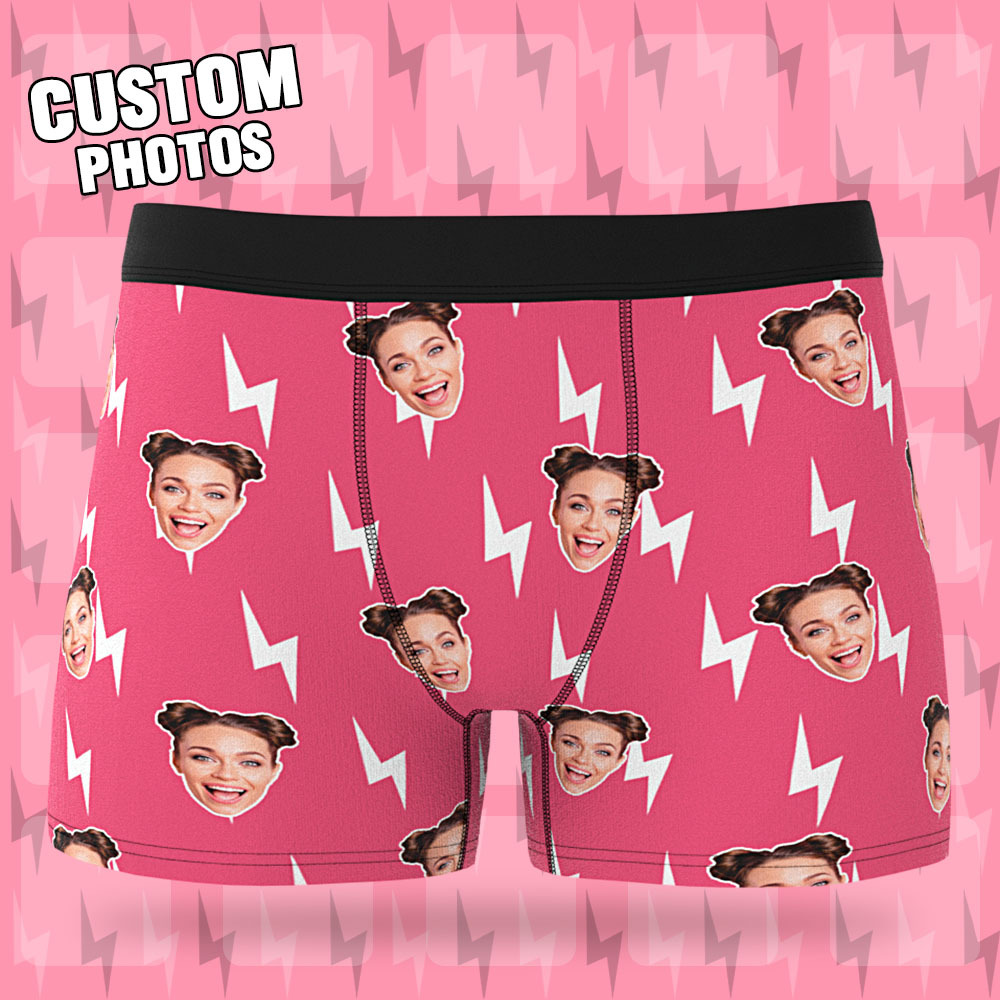 Custom Face Boxer Shorts Black and Pink Lightning Pattern Underwear Gifts For Him - MyFaceBoxer