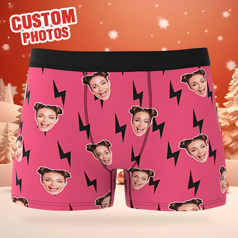 Custom Face Boxer Shorts Black and Pink Lightning Pattern Underwear Gifts For Him - MyFaceBoxer
