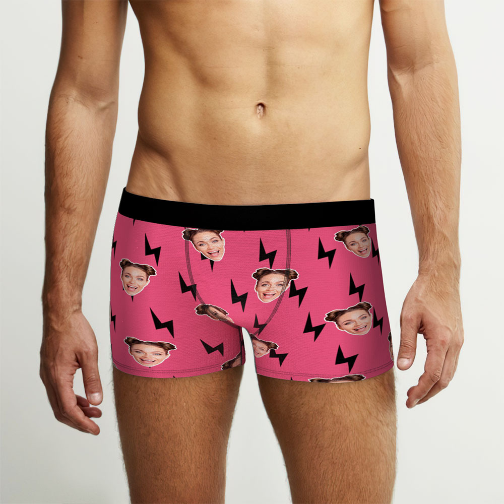Custom Face Boxer Shorts Black and Pink Lightning Pattern Underwear Gifts For Him - MyFaceBoxer