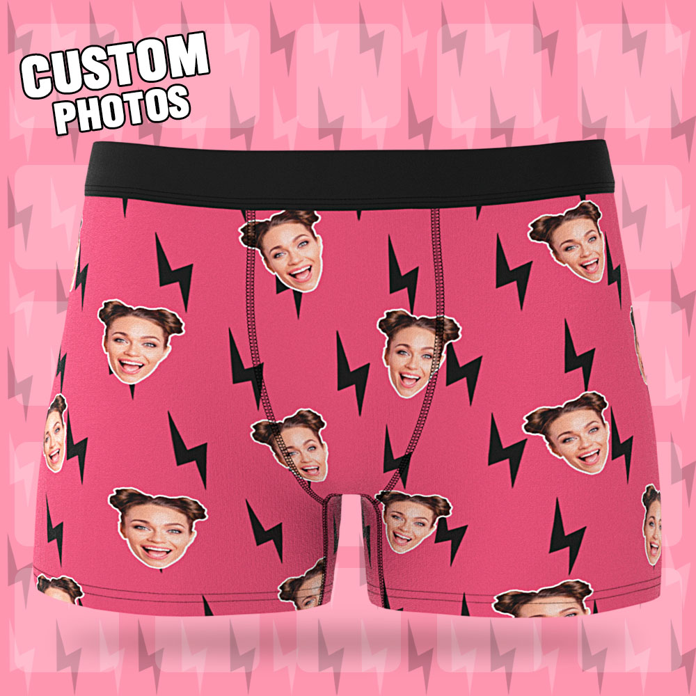 Custom Face Boxer Shorts Black and Pink Lightning Pattern Underwear Gifts For Him - MyFaceBoxer