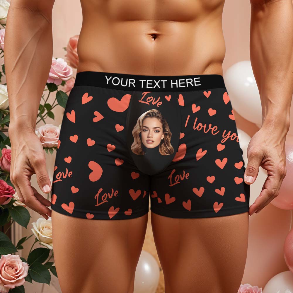 Custom Men's Face Boxer Underwear Personalized Boxer Briefs with Heart Pattern Special Present for Valentine's Day