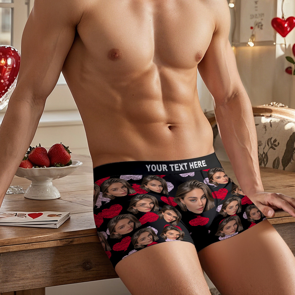 Valentine's Day Gifts Custom Big Face Boxer Shorts Colorful Waistband Boxer Briefs Red and Pink Hearts Gifts For Him - MyFaceBoxer