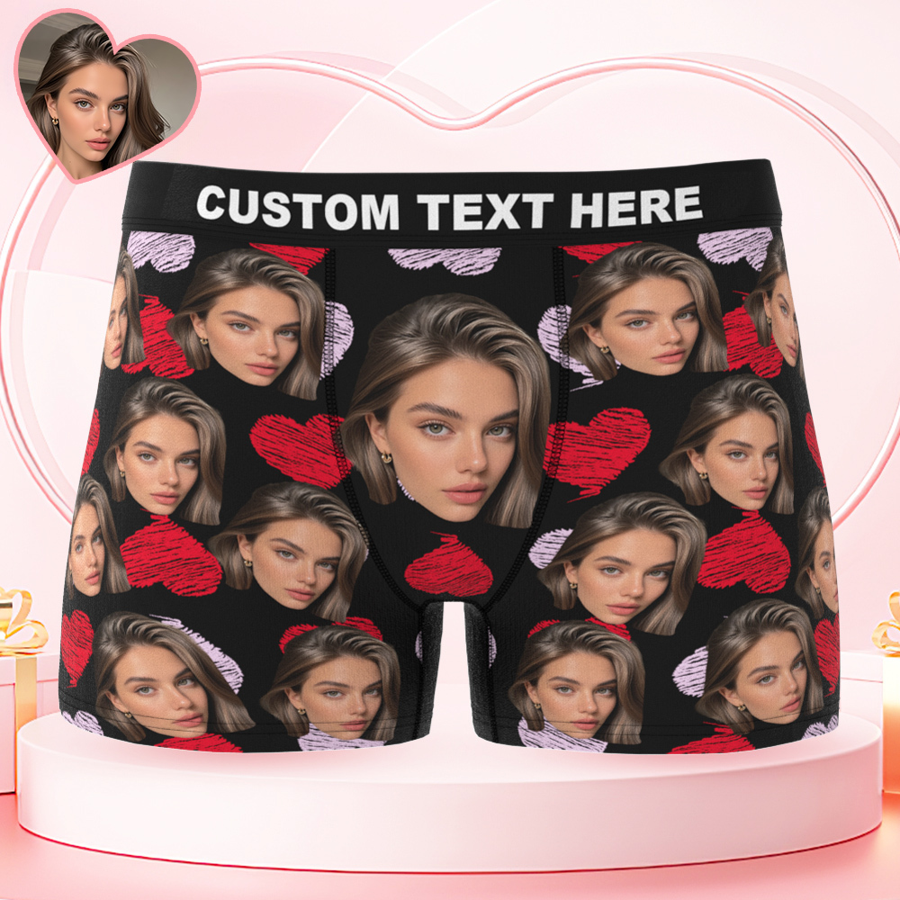 Valentine's Day Gifts Custom Big Face Boxer Shorts Colorful Waistband Boxer Briefs Red and Pink Hearts Gifts For Him - MyFaceBoxer