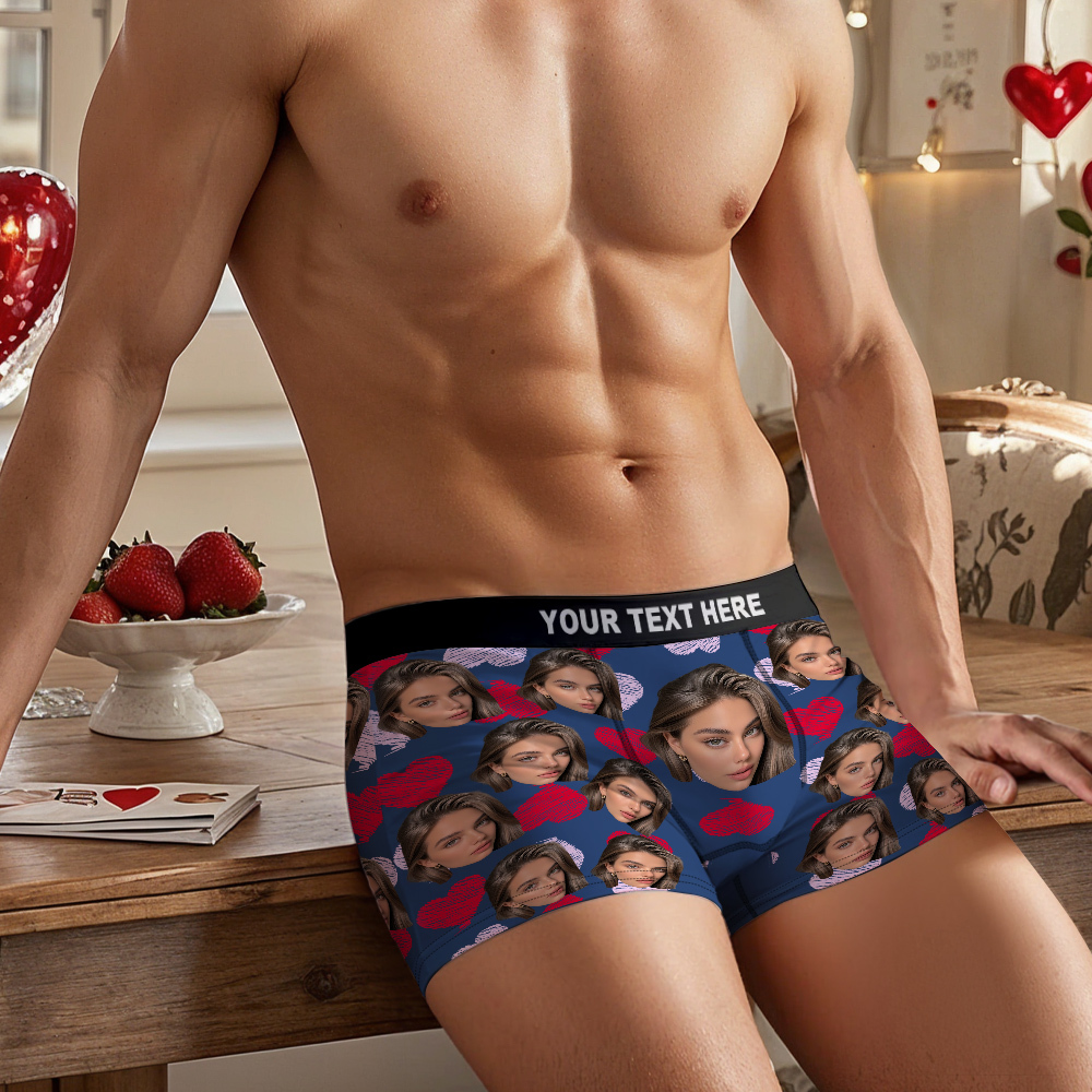 Valentine's Day Gifts Custom Big Face Boxer Shorts Colorful Waistband Boxer Briefs Red and Pink Hearts Gifts For Him - MyFaceBoxer