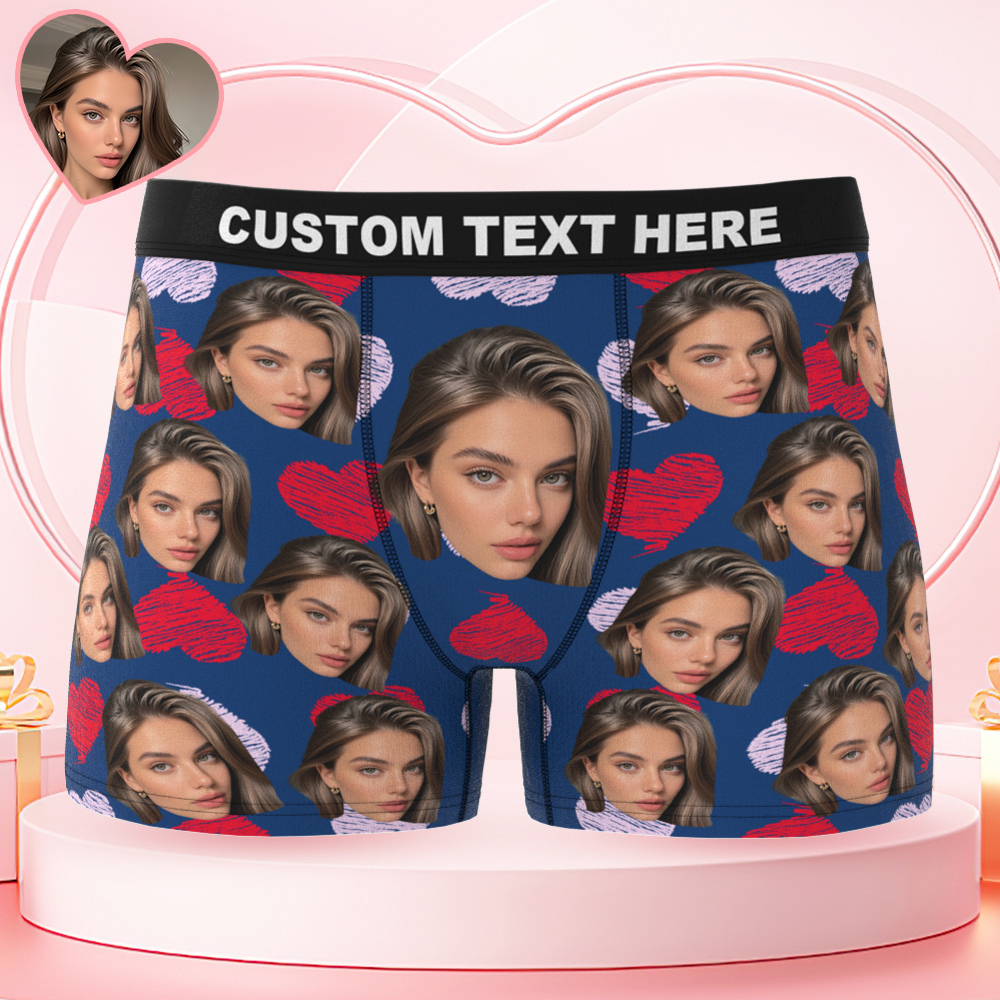 Valentine's Day Gifts Custom Big Face Boxer Shorts Colorful Waistband Boxer Briefs Red and Pink Hearts Gifts For Him - MyFaceBoxer