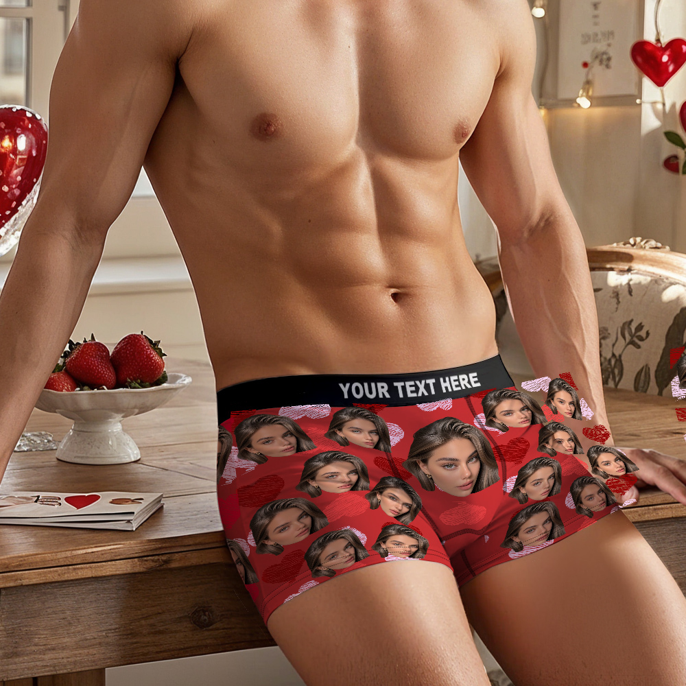 Valentine's Day Gifts Custom Big Face Boxer Shorts Colorful Waistband Boxer Briefs Red and Pink Hearts Gifts For Him - MyFaceBoxer