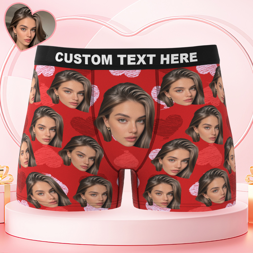 Custom Big Face Boxer Shorts Personalized Colorful Waistband Red Boxer Briefs Red and Pink Hearts Gifts For Him