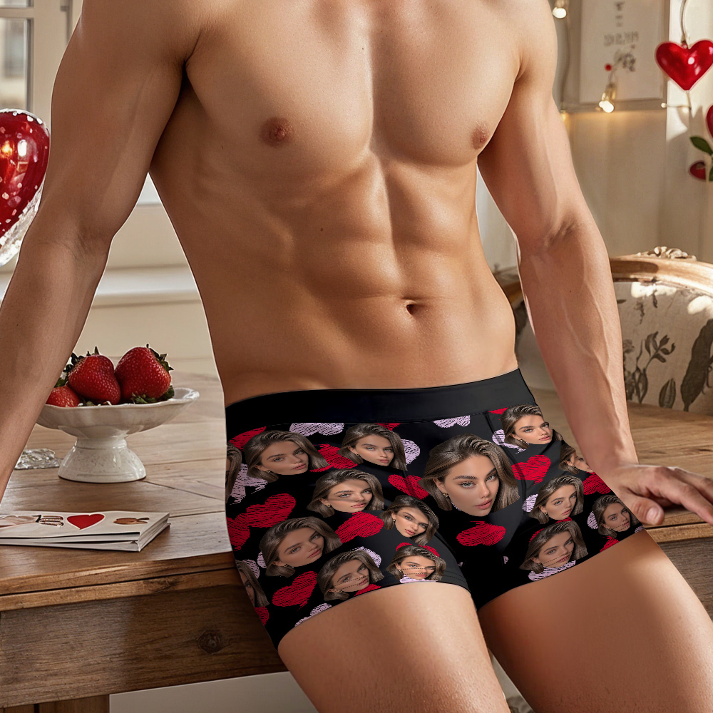 Valentine's Day Gifts Custom Big Face Boxer Shorts Colorful Waistband Boxer Briefs Red and Pink Hearts Gifts For Him - MyFaceBoxer