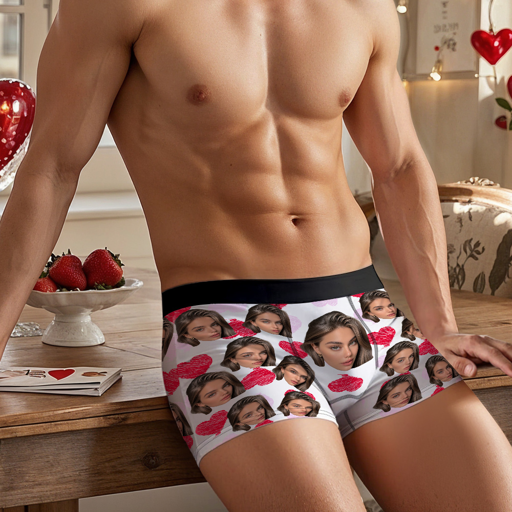 Valentine's Day Gifts Custom Big Face Boxer Shorts Colorful Waistband Boxer Briefs Red and Pink Hearts Gifts For Him - MyFaceBoxer