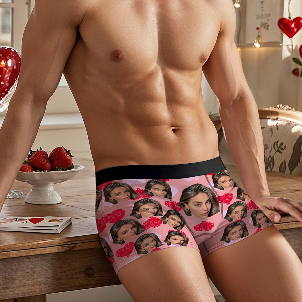 Valentine's Day Gifts Custom Big Face Boxer Shorts Colorful Waistband Boxer Briefs Red and Pink Hearts Gifts For Him - MyFaceBoxer