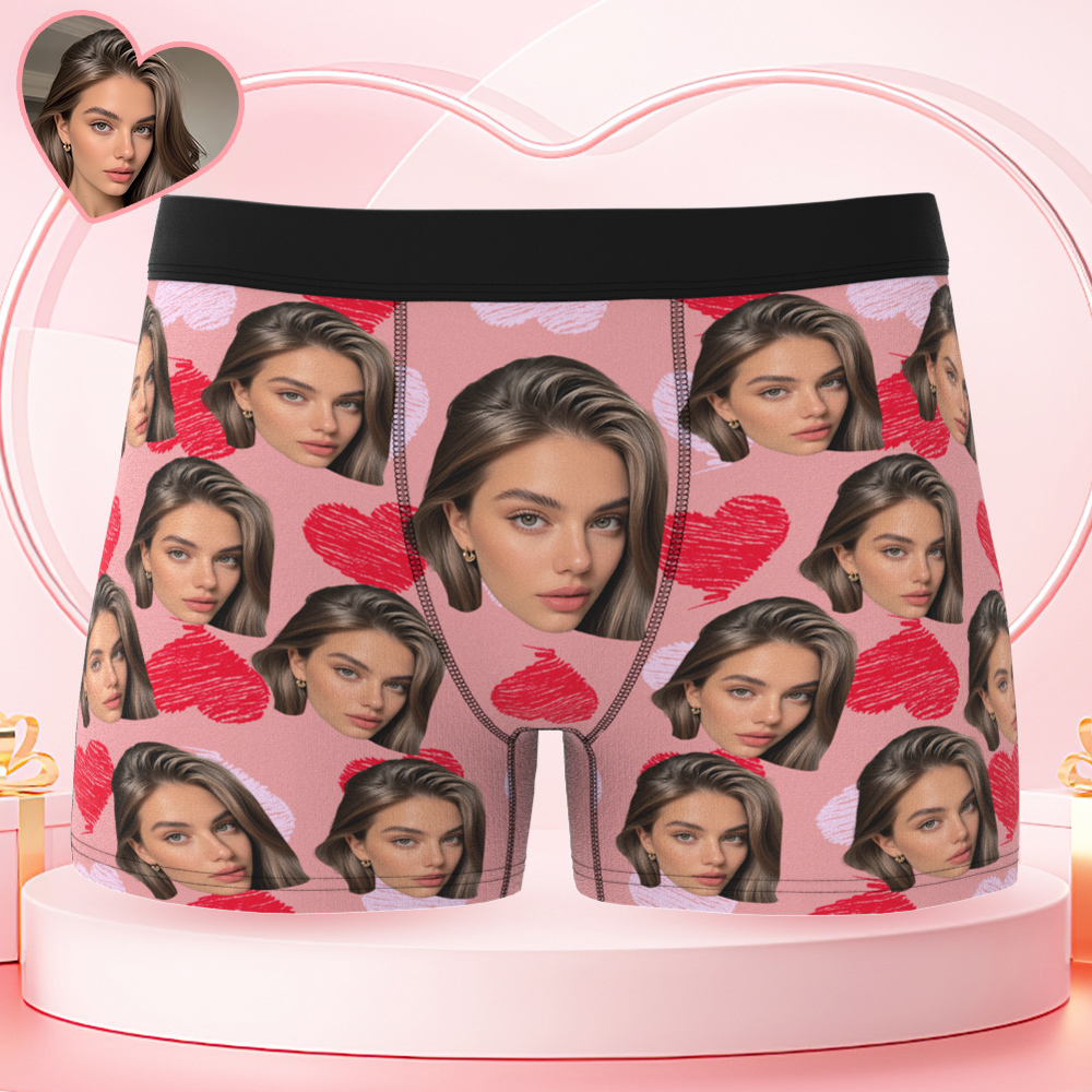 Valentine's Day Gifts Custom Big Face Boxer Shorts Colorful Waistband Boxer Briefs Red and Pink Hearts Gifts For Him - MyFaceBoxer