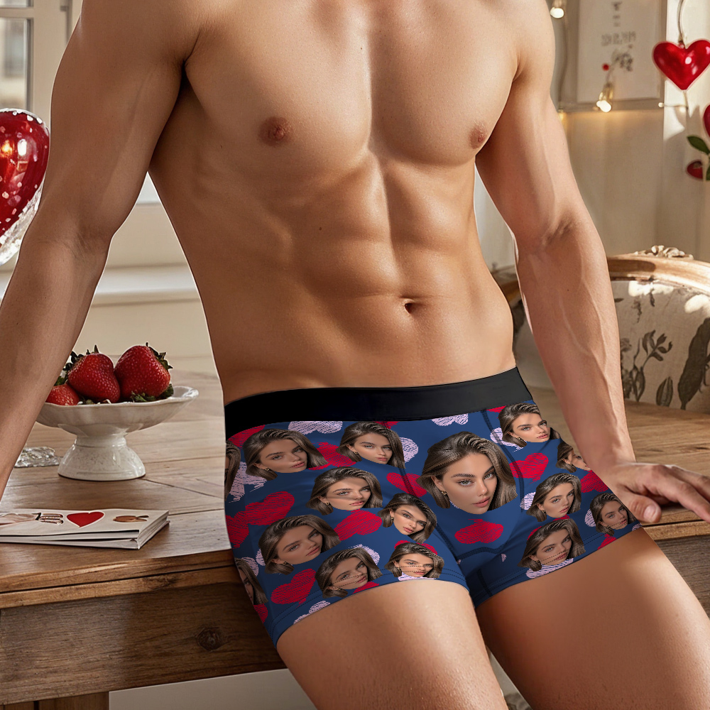 Valentine's Day Gifts Custom Big Face Boxer Shorts Colorful Waistband Boxer Briefs Red and Pink Hearts Gifts For Him - MyFaceBoxer