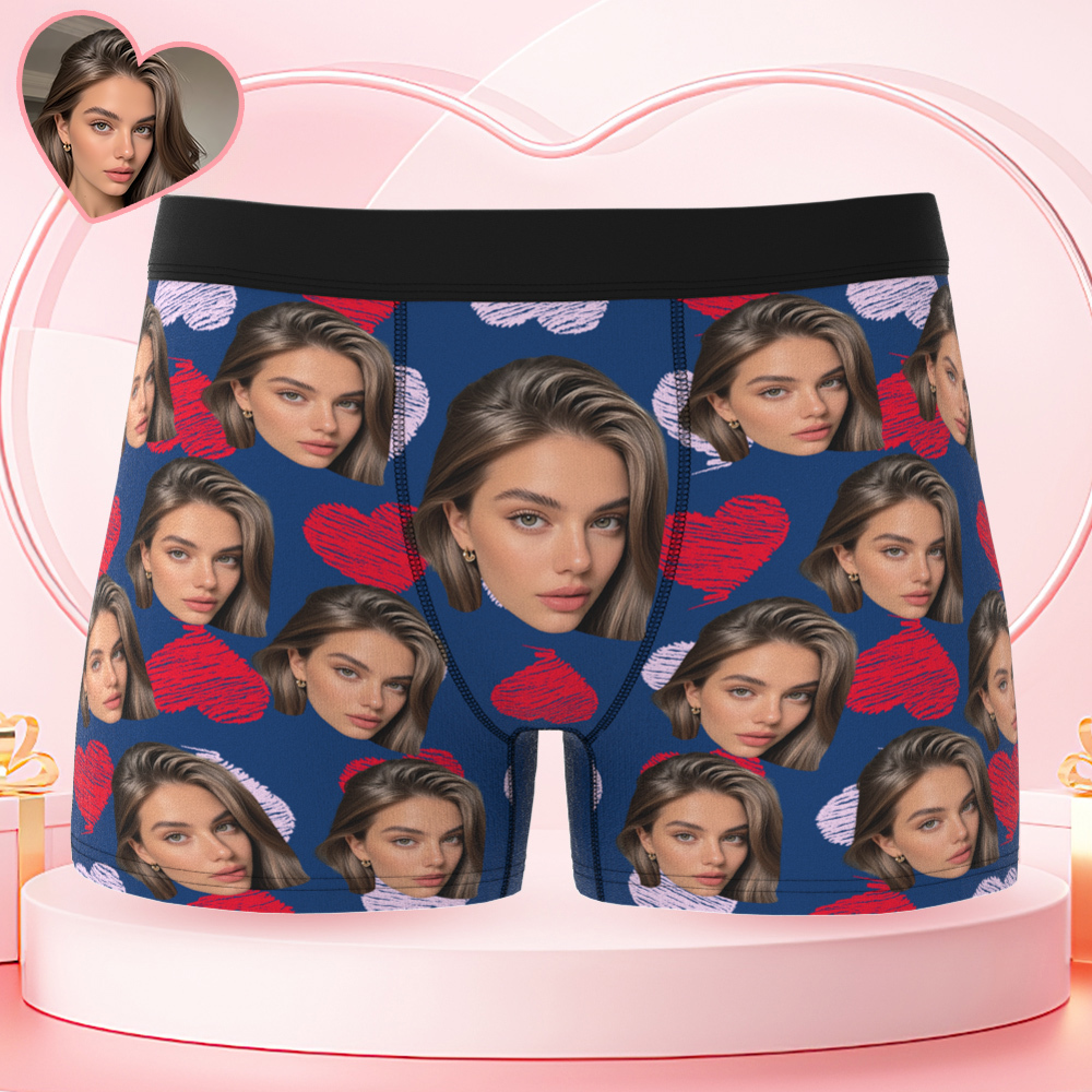 Valentine's Day Gifts Custom Big Face Boxer Shorts Colorful Waistband Boxer Briefs Red and Pink Hearts Gifts For Him - MyFaceBoxer