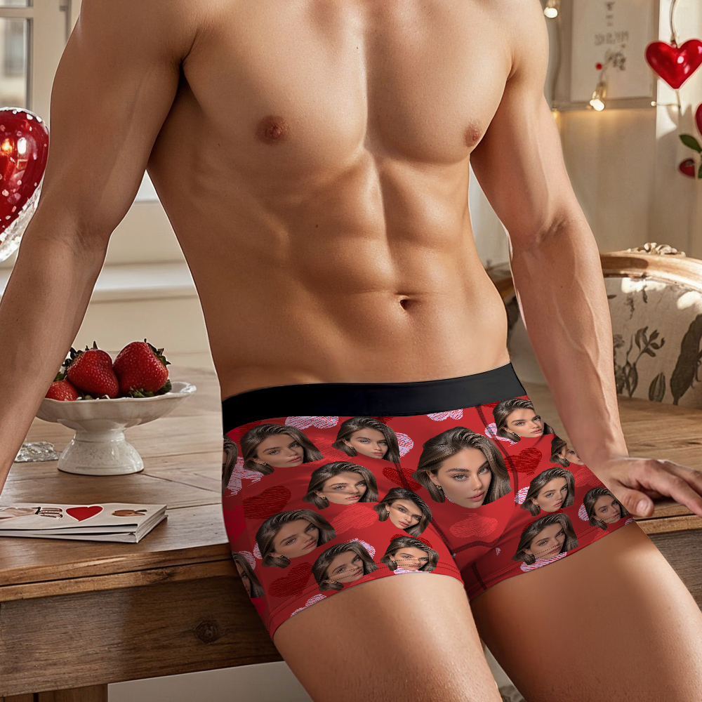 Valentine's Day Gifts Custom Big Face Boxer Shorts Colorful Waistband Boxer Briefs Red and Pink Hearts Gifts For Him - MyFaceBoxer