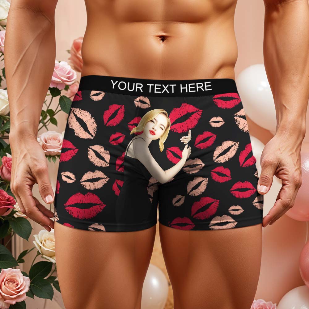 Valentine's Gift Custom Men's Face On Body Boxer Shorts Personalized Red Lips Boxer Briefs
