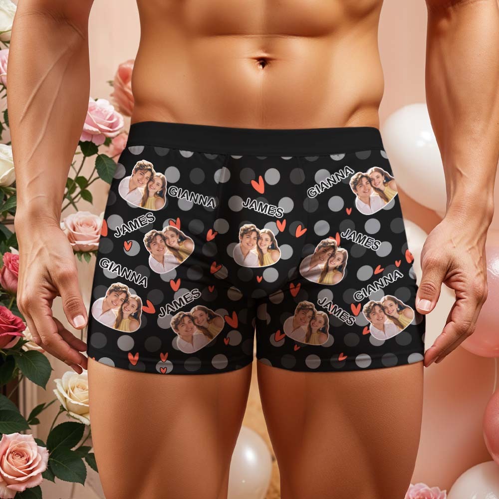 Custom Men's Boxer Shorts Personalized Multicolor Heart Dot Photo Brief Boxer with Name Valentine's Day Gift - MyFaceBoxer