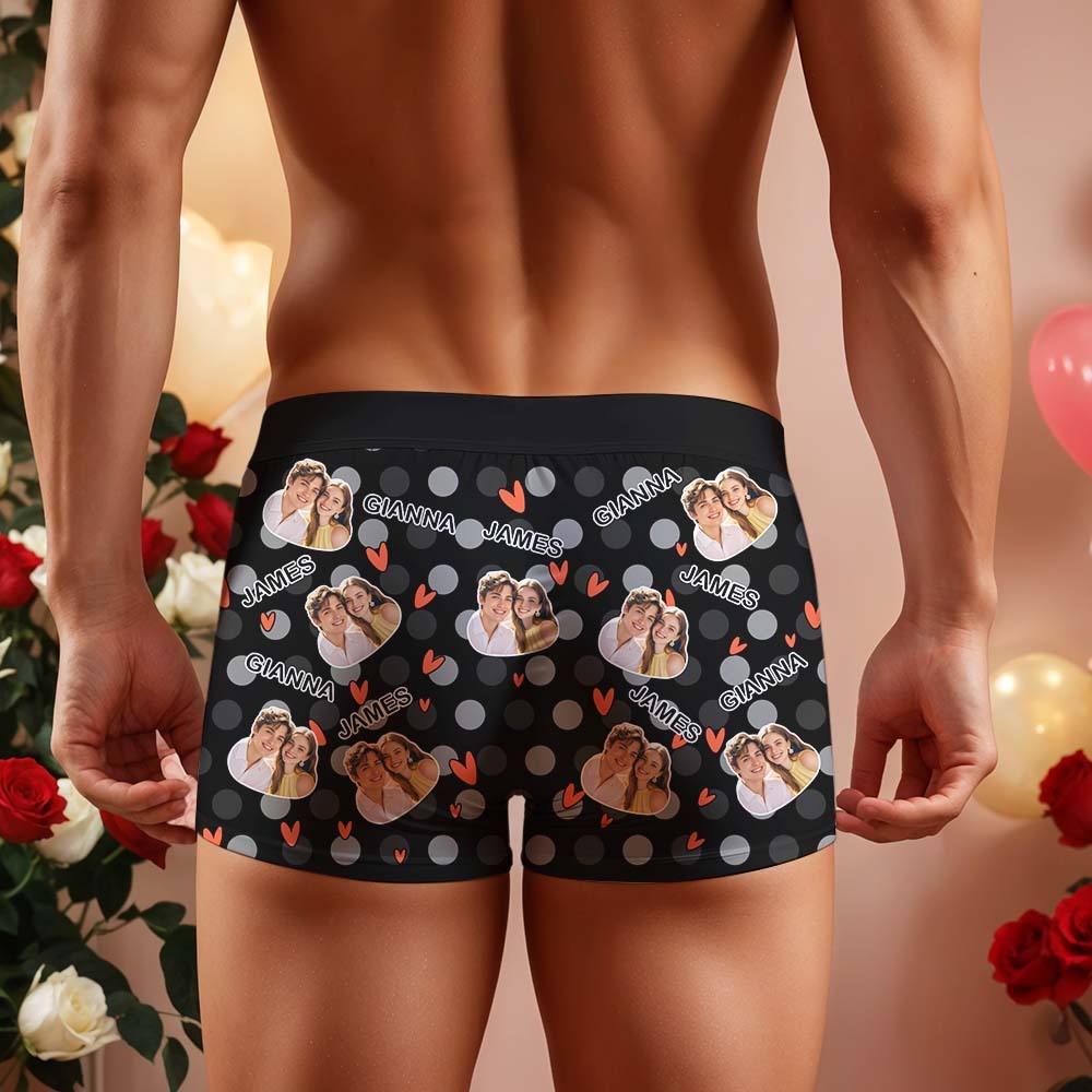Custom Men's Boxer Shorts Personalized Multicolor Heart Dot Photo Brief Boxer with Name Valentine's Day Gift - MyFaceBoxer