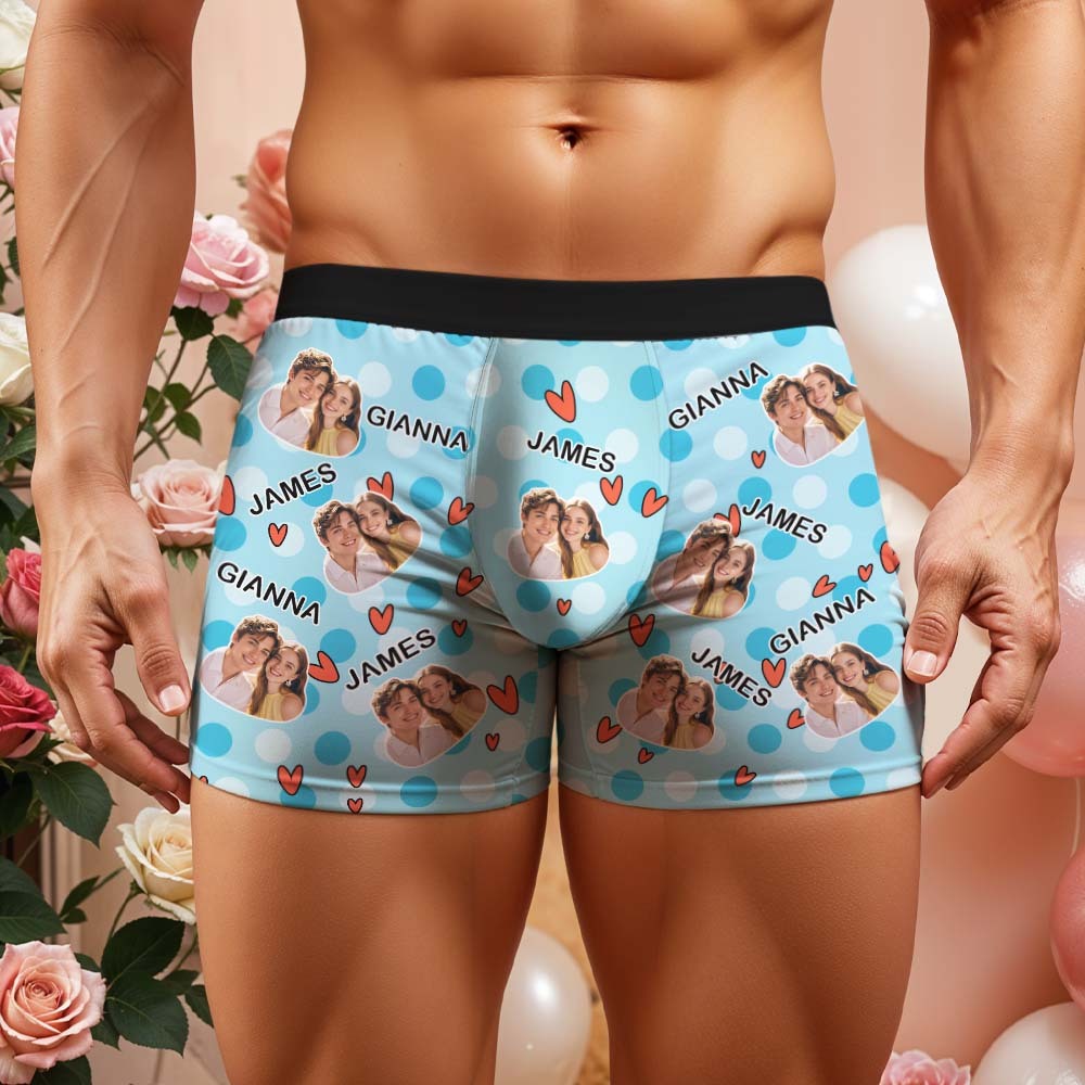Custom Men's Boxer Shorts Personalized Multicolor Heart Dot Photo Brief Boxer with Name Valentine's Day Gift - MyFaceBoxer