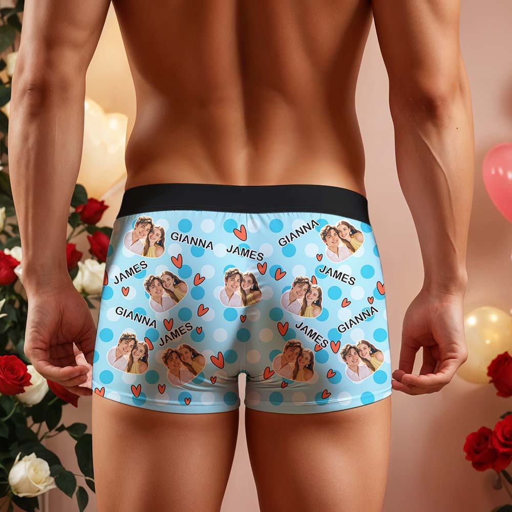 Custom Men's Boxer Shorts Personalized Multicolor Heart Dot Photo Brief Boxer with Name Valentine's Day Gift - MyFaceBoxer