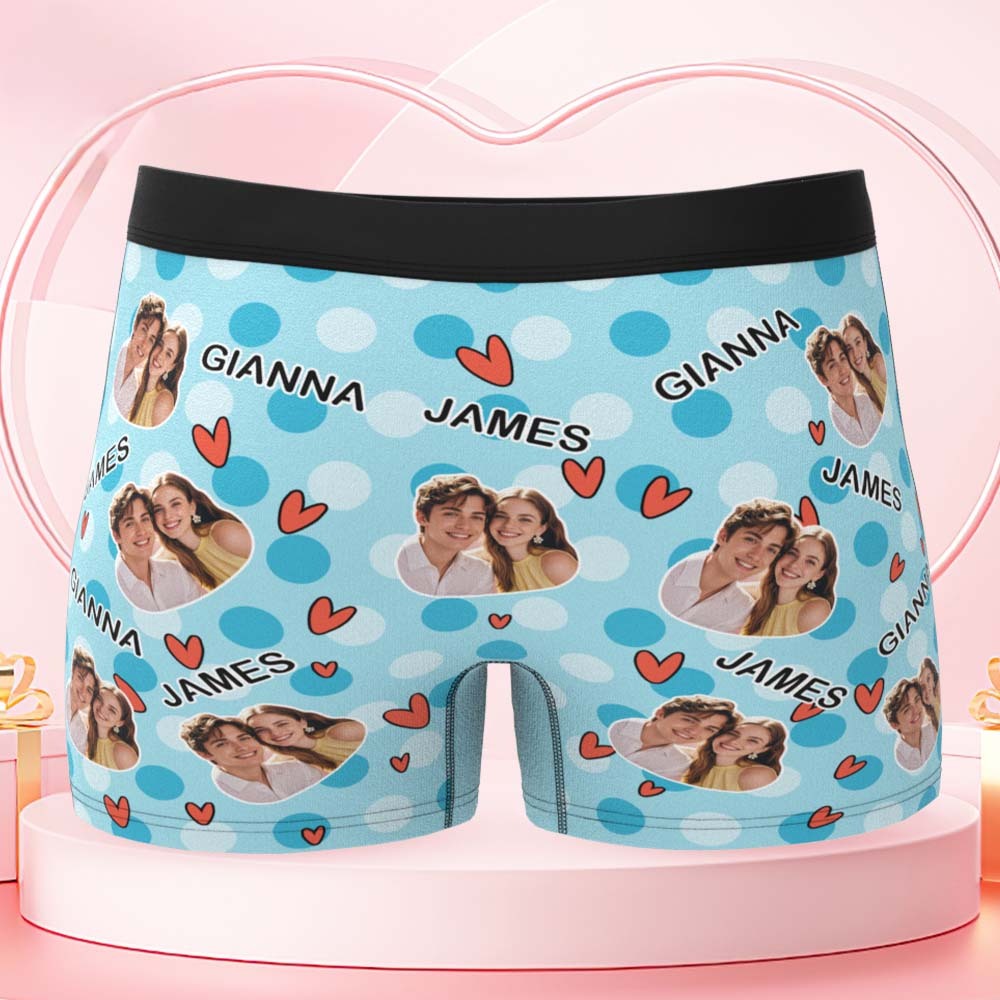 Custom Men's Boxer Shorts Personalized Multicolor Heart Dot Photo Brief Boxer with Name Valentine's Day Gift - MyFaceBoxer