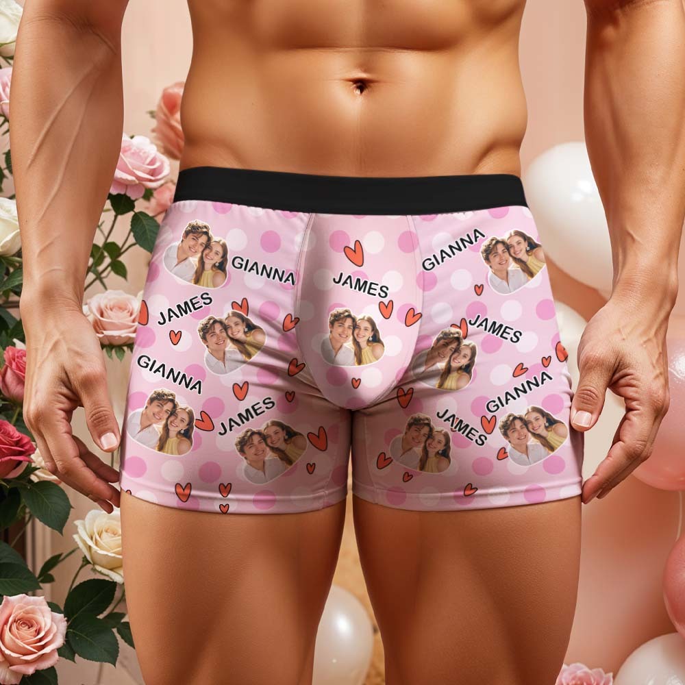 Custom Men's Boxer Shorts Personalized Multicolor Heart Dot Photo Brief Boxer with Name Valentine's Day Gift - MyFaceBoxer