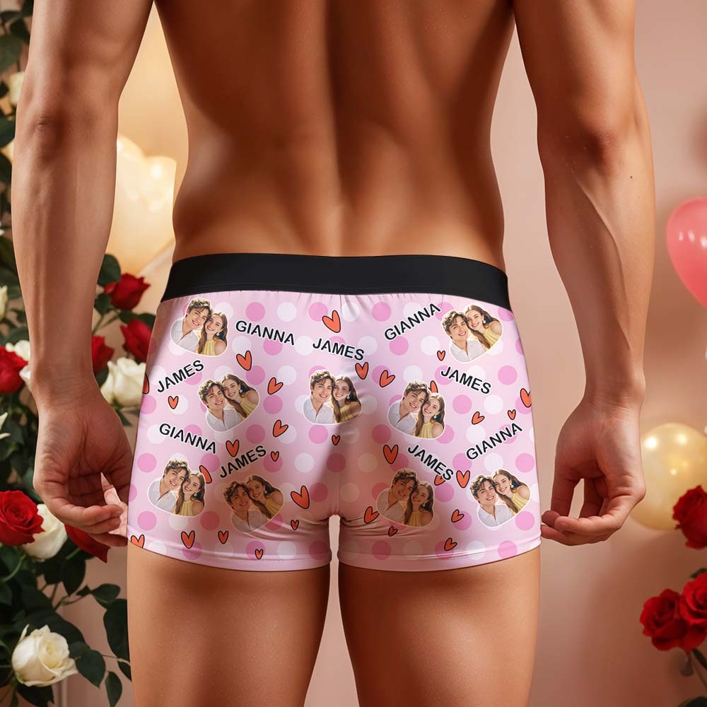 Custom Men's Boxer Shorts Personalized Multicolor Heart Dot Photo Brief Boxer with Name Valentine's Day Gift - MyFaceBoxer