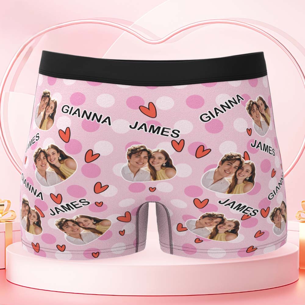 Custom Men's Boxer Shorts Personalized Multicolor Heart Dot Photo Brief Boxer with Name Valentine's Day Gift - MyFaceBoxer