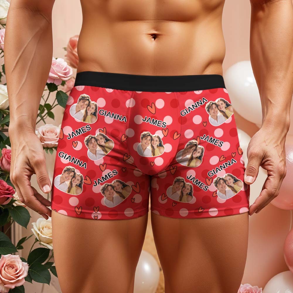 Custom Men's Boxer Shorts Personalized Multicolor Heart Dot Photo Brief Boxer with Name Valentine's Day Gift - MyFaceBoxer