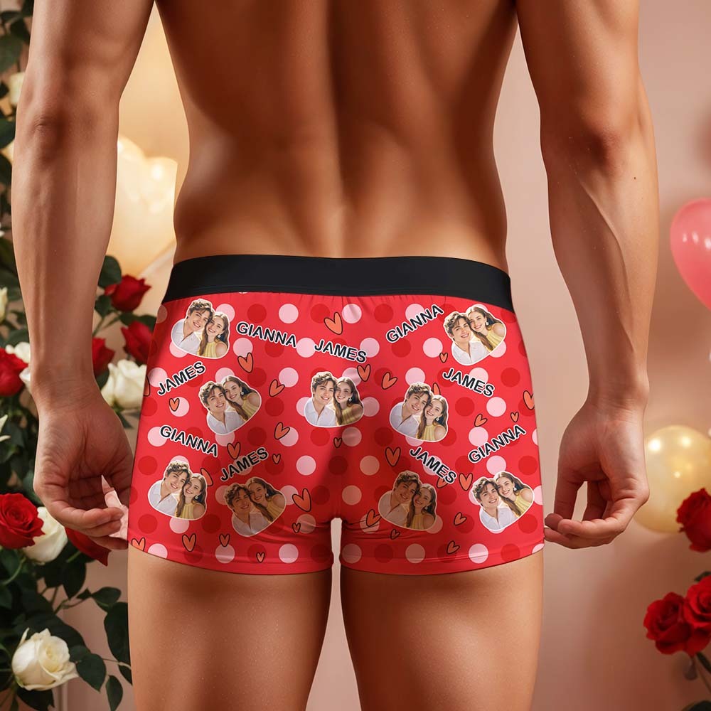Custom Men's Boxer Shorts Personalized Multicolor Heart Dot Photo Brief Boxer with Name Valentine's Day Gift - MyFaceBoxer