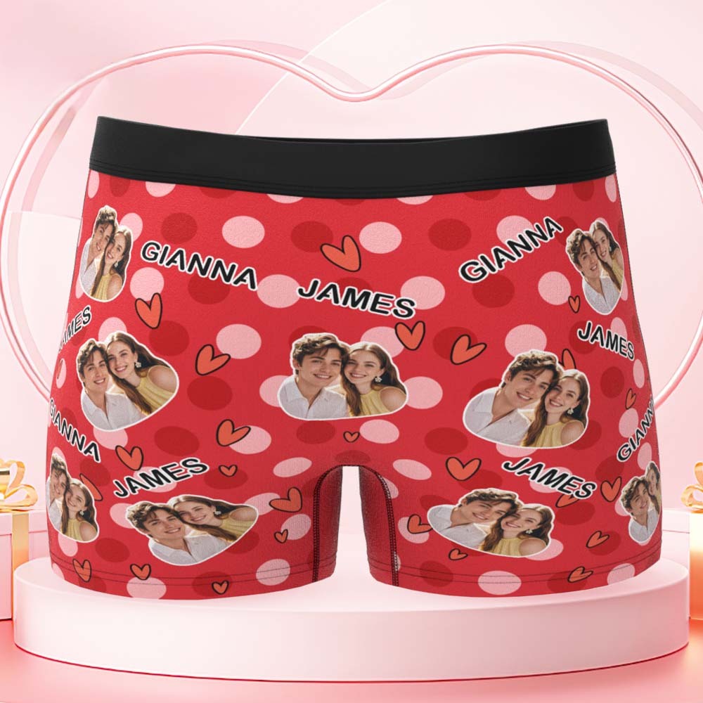 Custom Men's Boxer Shorts Personalized Multicolor Heart Dot Photo Brief Boxer with Name Valentine's Day Gift - MyFaceBoxer