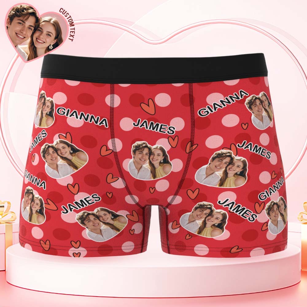 Custom Men's Boxer Shorts Personalized Multicolor Heart Dot Photo Brief Boxer with Name Valentine's Day Gift - MyFaceBoxer