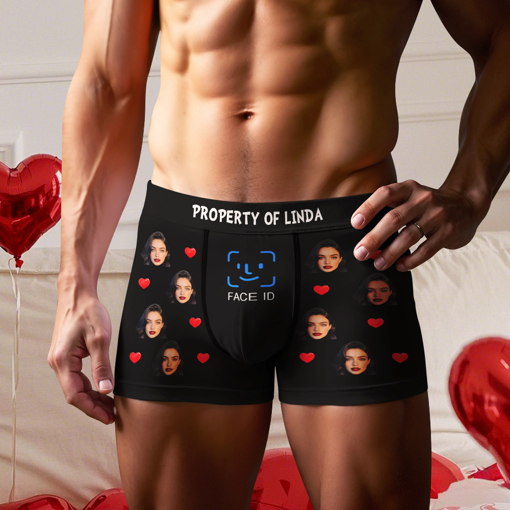 Custom Men's Boxer Shorts Personalized Face ID Touch ID Property Of Brief Boxer with Name Valentine's Day Gift - MyFaceBoxer