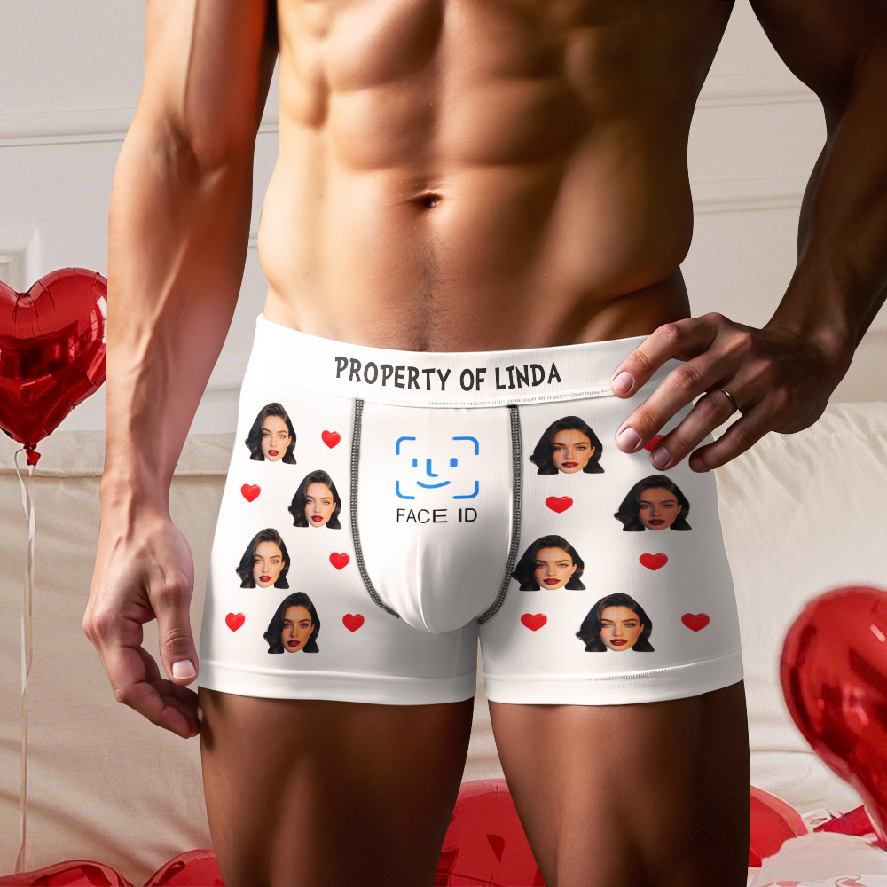 Custom Men's Boxer Shorts Personalized Face ID Touch ID Property Of Brief Boxer with Name Valentine's Day Gift - MyFaceBoxer