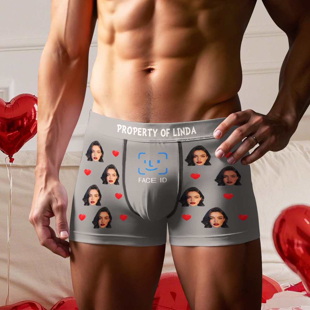 Custom Men's Boxer Shorts Personalized Face ID Touch ID Property Of Brief Boxer with Name Valentine's Day Gift - MyFaceBoxer