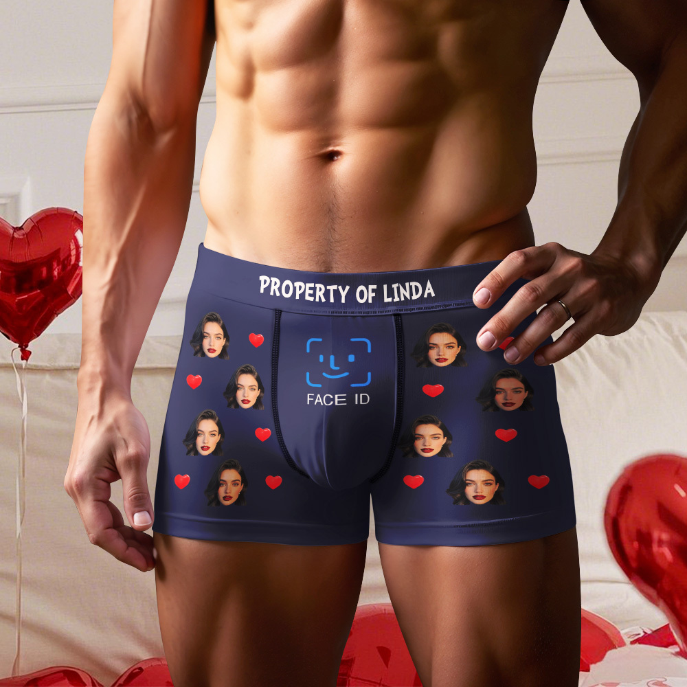 Custom Men's Boxer Shorts Personalized Face ID Touch ID Property Of Brief Boxer with Name Valentine's Day Gift - MyFaceBoxer