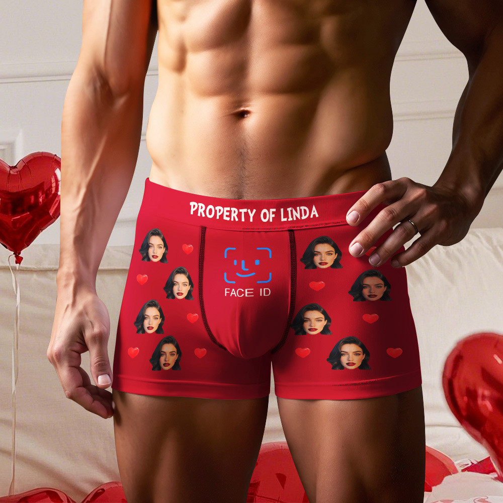 Custom Men's Boxer Shorts Personalized Face ID Touch ID Property Of Brief Boxer with Name Valentine's Day Gift - MyFaceBoxer