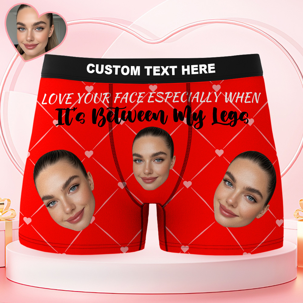 Valentine's Day Gifts Custom Face Men's Underwear Love Your Face Couple Style Boxer Briefs Birthday Gifts for Husband, Waistband Text Boxers