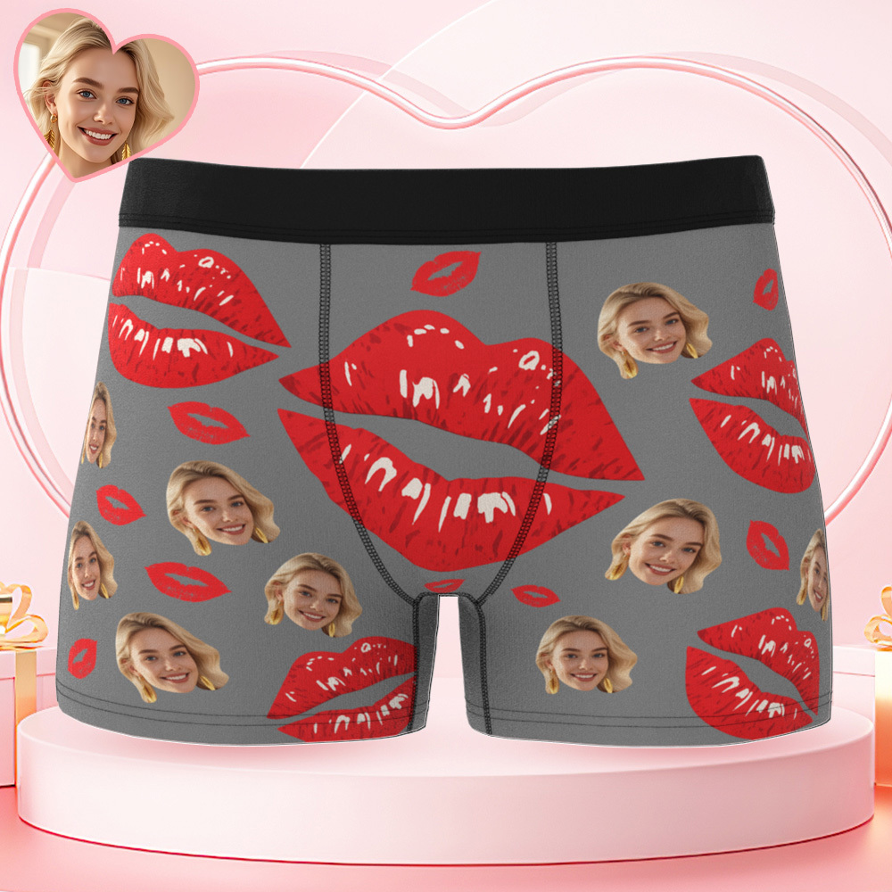 Custom Face Men's Underwear Personalized Photo Men's Boxer Briefs Valentine's Gifts Red Lip Boxers