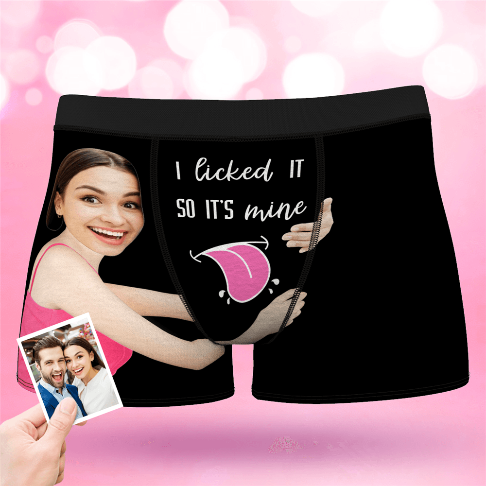 Men's Custom Face On Boxer Shorts Custom Waistband Text I licked ITSO IT'S mine Gift For Him - MyFaceBoxer