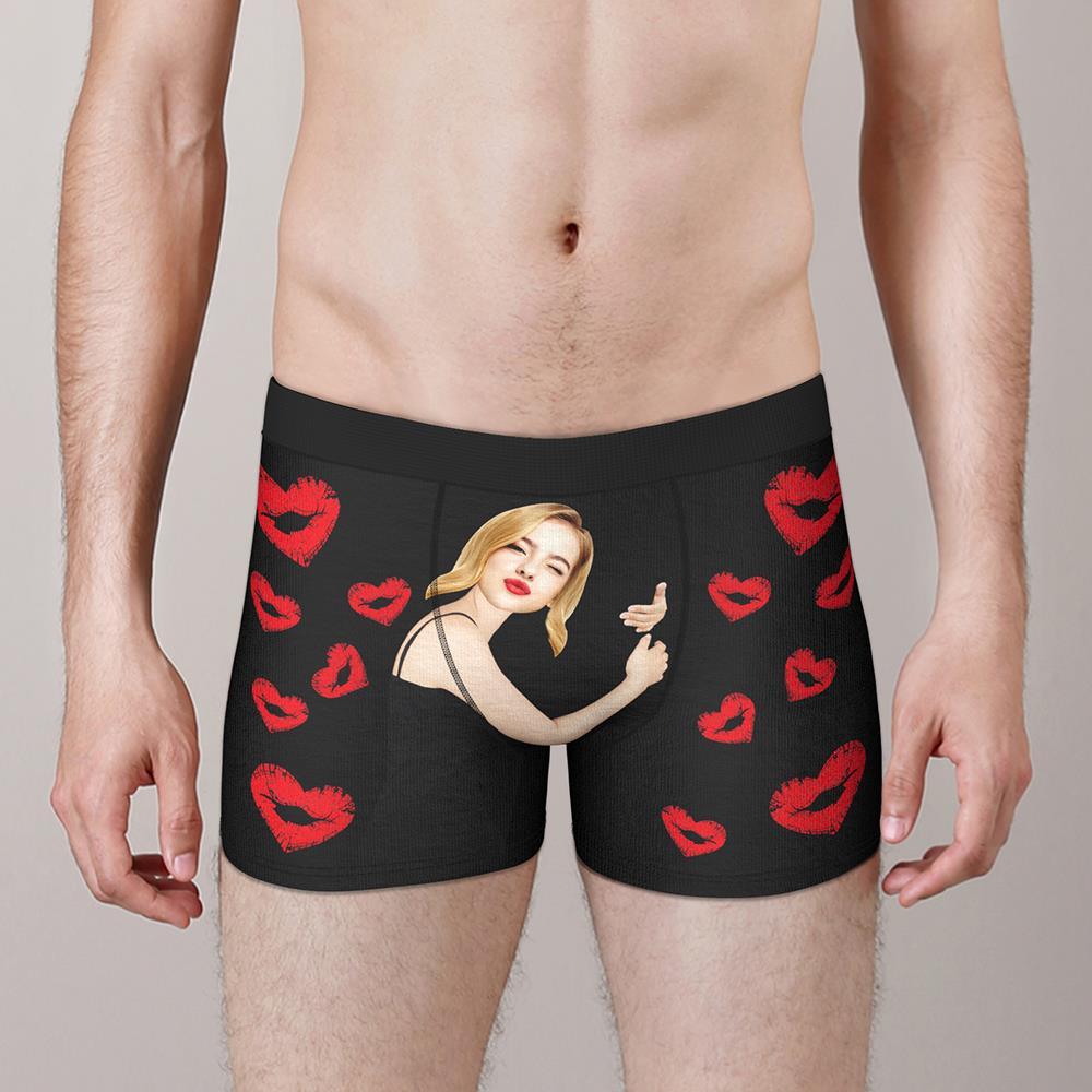 Custom Face Boxers Girlfriend Hug with Heart Lip Print Gifts For Him Wedding Gift - MyFaceBoxer