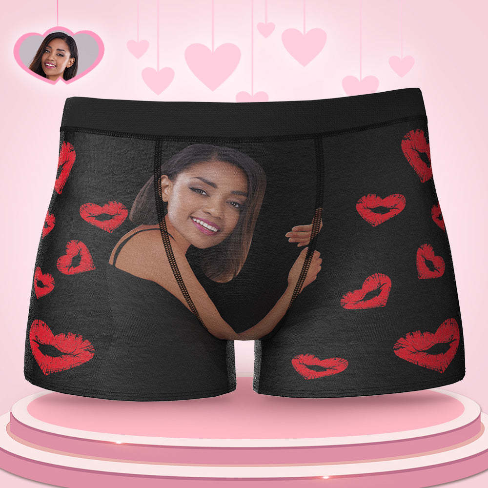 Custom Face Boxers Girlfriend Hug with Heart Shape Lip Prints Perfect Gift For Him - MyFaceBoxer