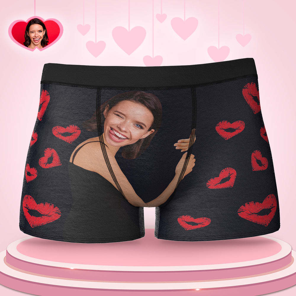Custom Face Boxers Girlfriend Hug with Heart Shape Lip Prints Perfect Gift For Him - MyFaceBoxer