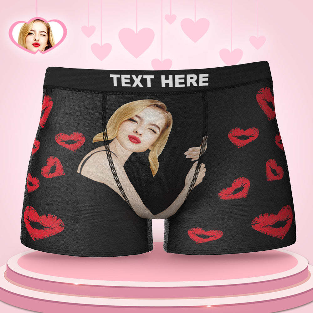 Custom Face Boxers Girlfriend Hug with Heart Shape Lip Prints Perfect Gift For Him - MyFaceBoxer