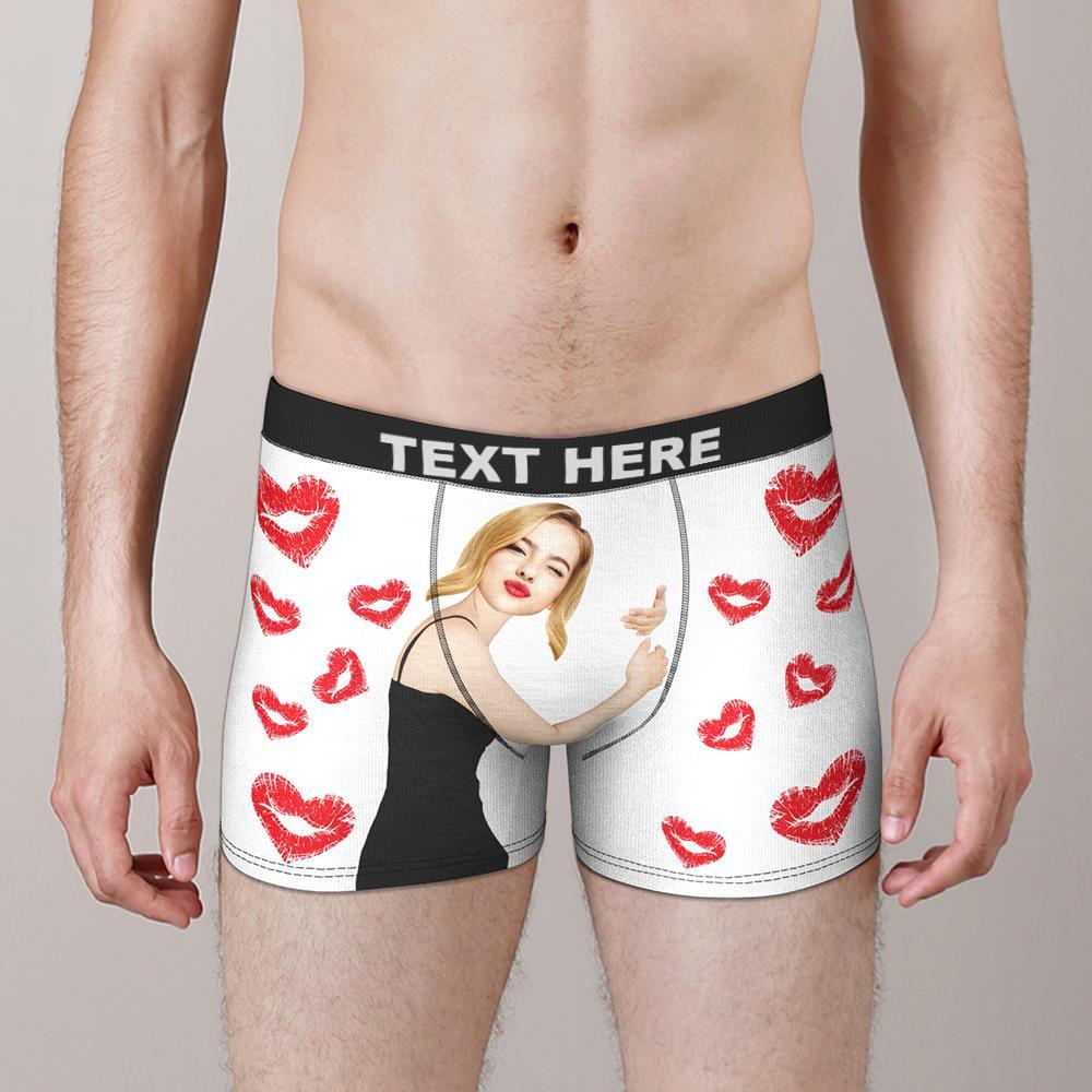 Custom Face Boxers Girlfriend Hug with Heart Lip Print Gifts For Him Wedding Gift - MyFaceBoxer