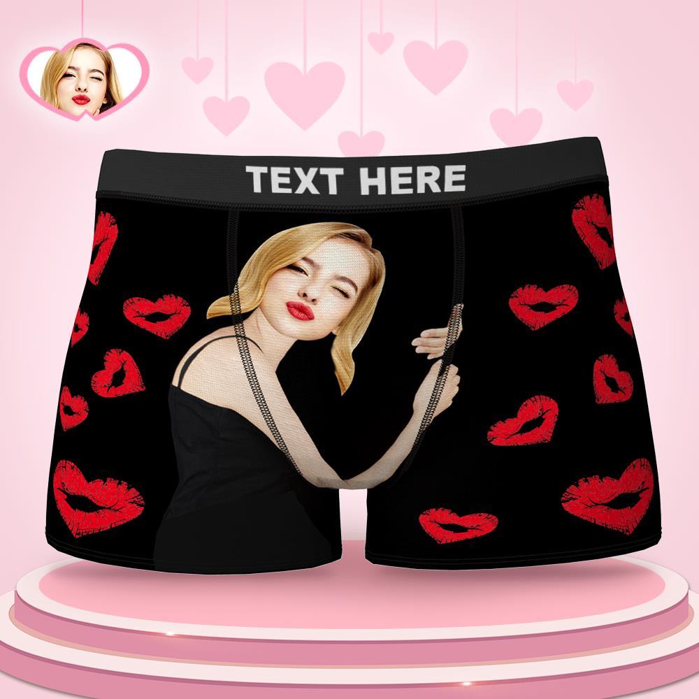 Custom Face Boxers Girlfriend Hug with Heart Lip Print Gifts For Him Wedding Gift - MyFaceBoxer