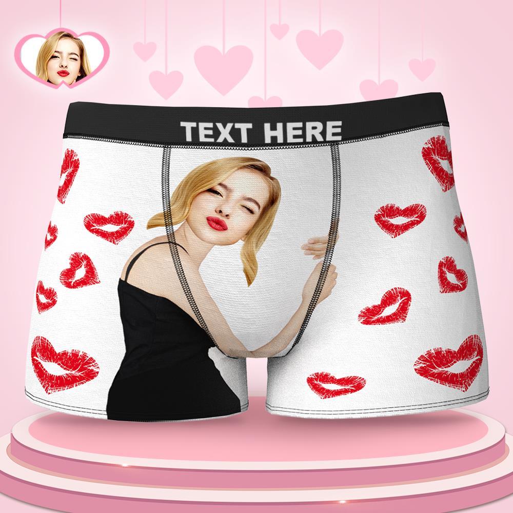 Custom Face Boxers Girlfriend Hug with Heart Lip Print Gifts For Him Wedding Gift - MyFaceBoxer