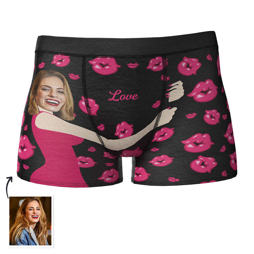 Custom Face Photo Engraved Boxer Sexy Pink Lips Boxer Briefs Gift for Boyfriend - MyFaceBoxer