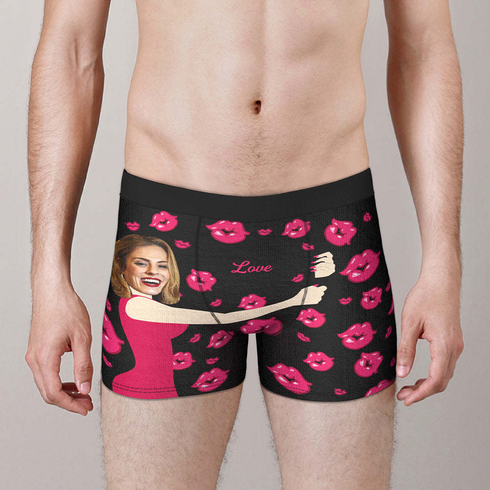 Custom Face Photo Engraved Boxer Sexy Pink Lips Boxer Briefs Gift for Boyfriend - MyFaceBoxer