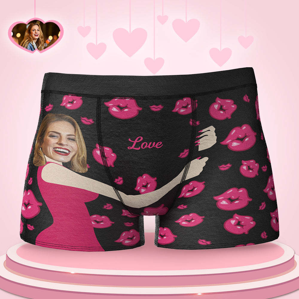 Custom Face Photo Engraved Boxer Sexy Pink Lips Boxer Briefs Gift for Boyfriend - MyFaceBoxer